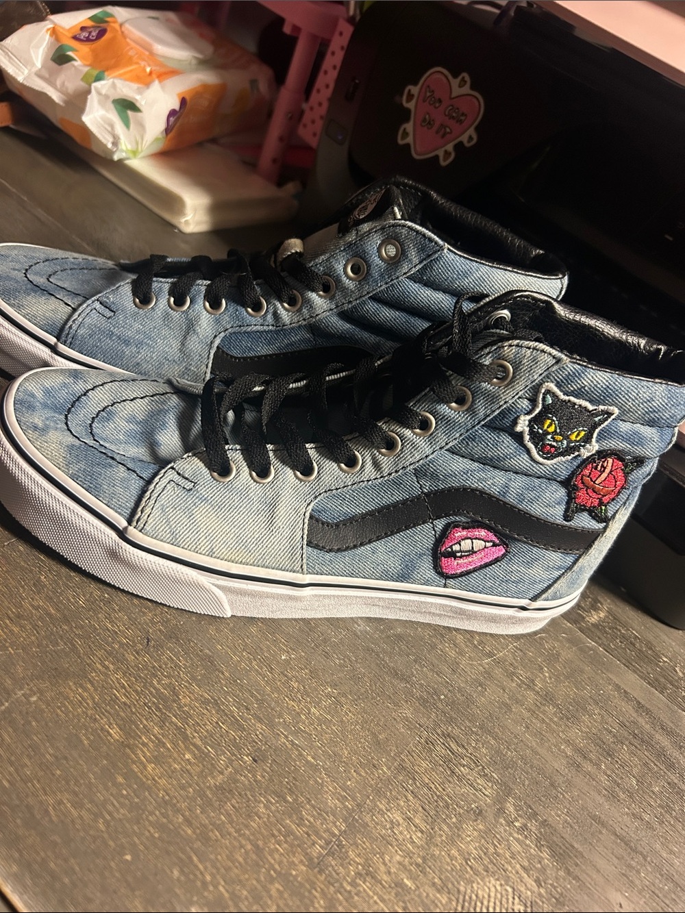 Vans Denim High-Top Patch Sneakers - Light Blue Mens 7.5 Womens 9